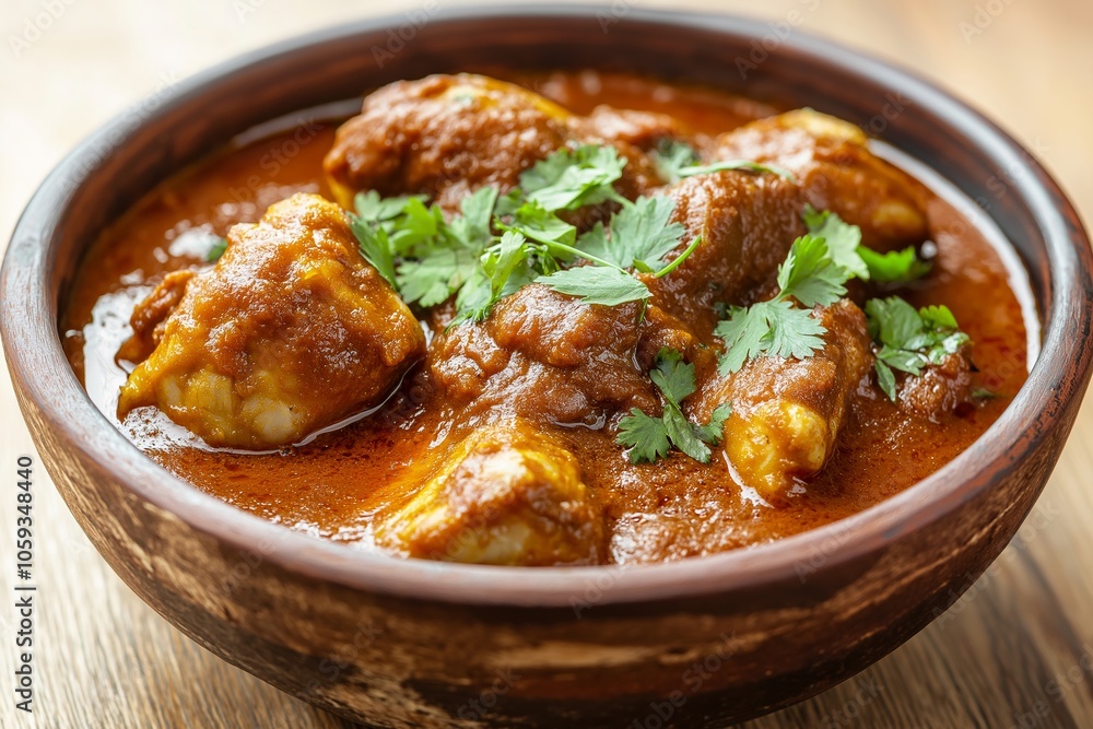 Hearty chicken curry simmered in rich, spicy sauce garnished with fresh green herbs in a rustic wooden bowl. Hearty chicken curry simmered in rich, spicy sauce garnished with fresh green herbs in a rustic wooden bowl.
