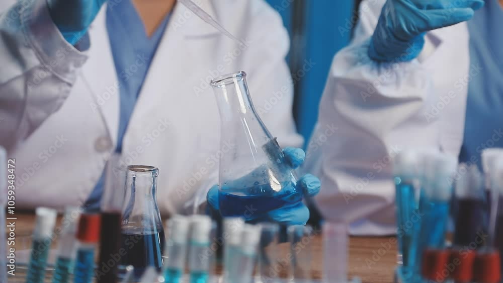 Biochemistry, scientist pipetting a sample into a test tube during an experiment in the lab. Biochemistry, scientist pipetting a sample into a test tube during an experiment in the lab.
