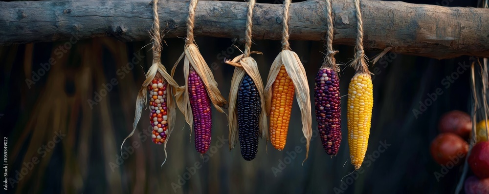 Fototapeta premium Traditional Native American corn varieties, with bold, earthy colors and unique textures, hanging in a festive fall arrangement.
