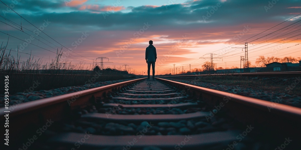 A silhouette of a person standing on train tracks as the sun sets, symbolizes journey and introspection. A silhouette of a person standing on train tracks as the sun sets, symbolizes journey and introspection.