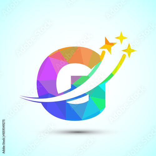 English alphabet G with swoosh and star sign. Shooting star logo design template low poly style