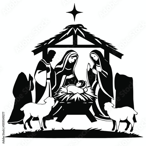 a black and white silhouette of a nativity scene. It shows the three wise men, Mary, Joseph, and the baby Jesus in the manger.