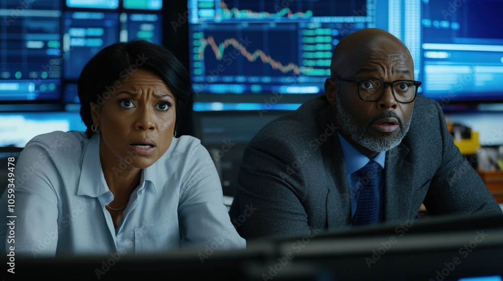 Worried investors gathered around multiple screens, analyzing financial data and market trends, reflecting the tension and uncertainty in the investment world. Worried investors gathered around multiple screens, analyzing financial data and market trends, reflecting the tension and uncertainty in the investment world.
