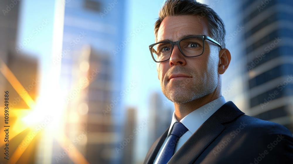 Serious businessman in suit and glasses overlooking city landscape at sunset Serious businessman in suit and glasses overlooking city landscape at sunset