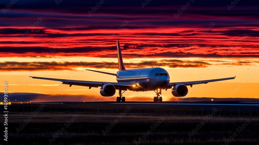 Airplane Landing at Sunset with Dramatic Clouds Airplane Landing at Sunset with Dramatic Clouds