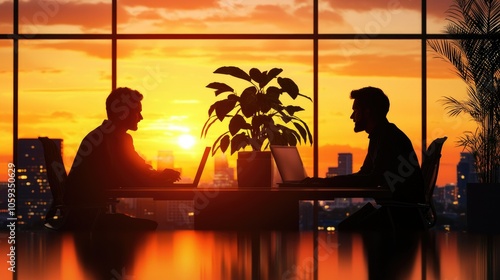 Freelance project management in silhouette against a stunning sunset background photo