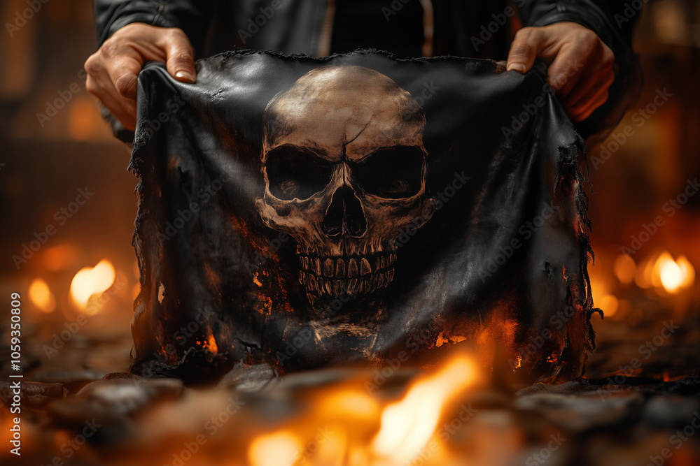 Person holding a pirate flag with a skull on background. Person holding a pirate flag with a skull on background.