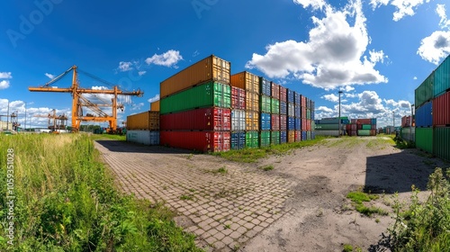 Vibrant panoramic view of a port with stacked shipping containers and cranes under a blue sky photo