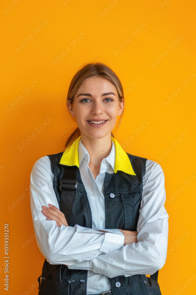 Confident Female Factory Manager in Safety Vest on Monochrome Yellow Background for Leadership Concept Confident Female Factory Manager in Safety Vest on Monochrome Yellow Background for Leadership Concept
