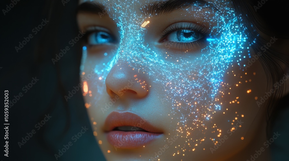Woman's Face with Blue Sparkling Lights Woman's Face with Blue Sparkling Lights