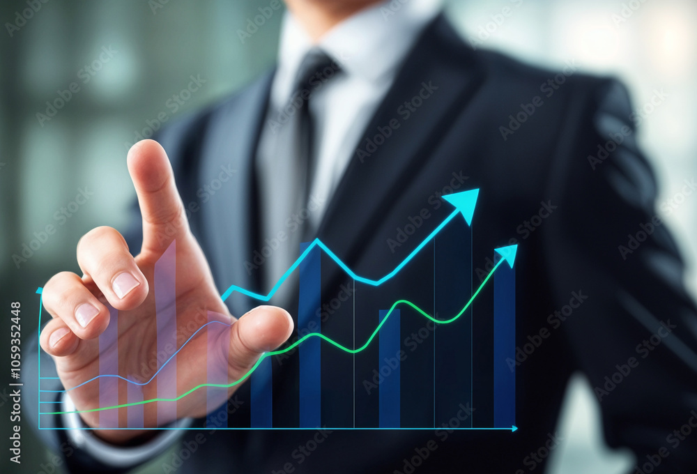 Businessman touching upward trending financial graph.
Suitable for finance, business, stock market, investment concepts in presentations, websites, reports. Businessman touching upward trending financial graph.
Suitable for finance, business, stock market, investment concepts in presentations, websites, reports.