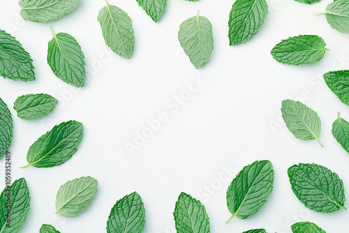 Mint leaves background. Green mint leaves pattern layout design. Ecology natural creative concept. Top view nature background with generative ai