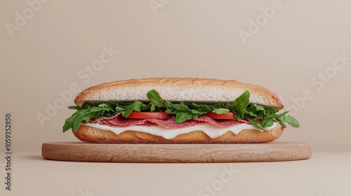 A delicious sub sandwich with salami, tomato, arugula, and mozzarella cheese on a wooden cutting board.