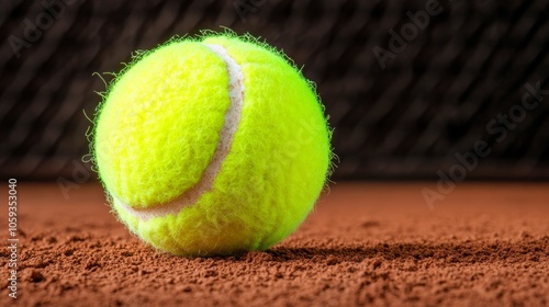 Closeup Tennis Ball on Clay Court Sport Equipment Game Racquet Match Tournament