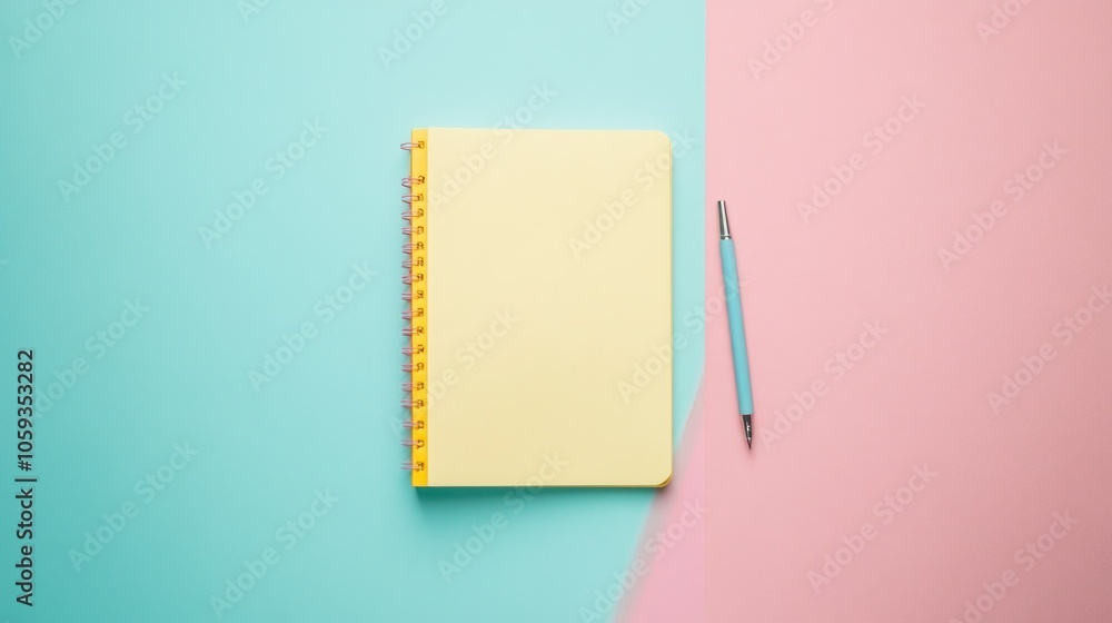 Open yellow notebook and pen on pastel pink and blue background for stationery and design mockup concept Open yellow notebook and pen on pastel pink and blue background for stationery and design mockup concept