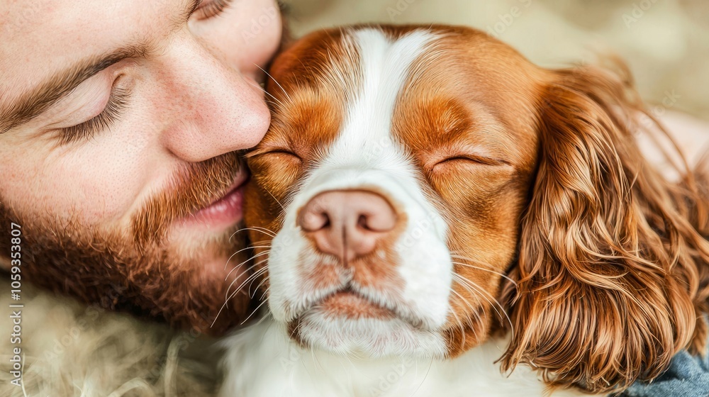 A man with a beard kisses his dog on the head, both with eyes closed. A man with a beard kisses his dog on the head, both with eyes closed.