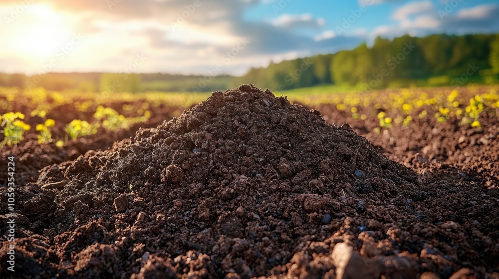 Obraz premium Close-up of Dark Brown Soil Mound in a Field