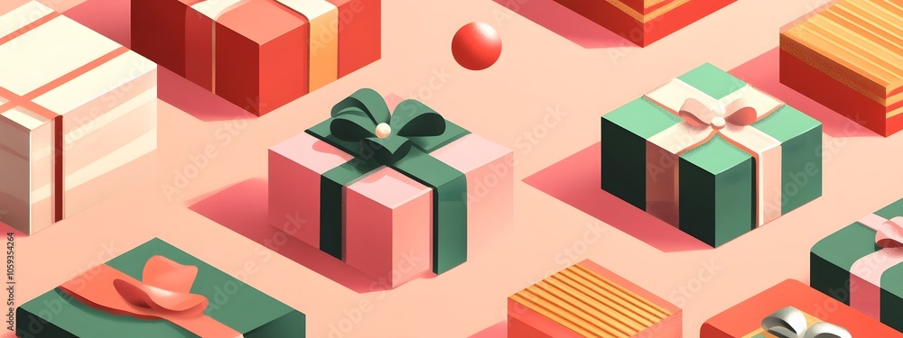 A flat vector illustration of a Christmas present, with simple shapes and lines, on a white background, using a palette of pink, green, red, and orange A flat vector illustration of a Christmas present, with simple shapes and lines, on a white background, using a palette of pink, green, red, and orange