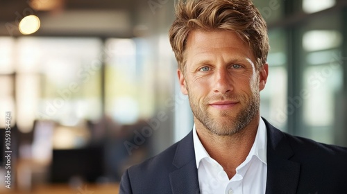 Confident businessman in suit with relaxed expression exuding professionalism and approachability