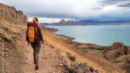 Woman on hiking trail, backpack and determination, rugged landscape, power women, adventurous spirit