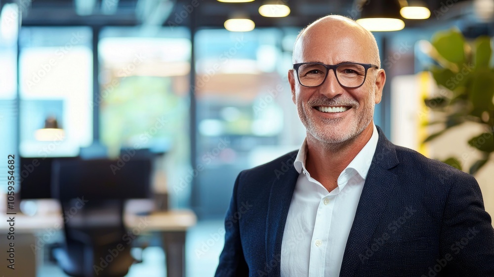 Fototapeta premium Confident corporate businessman smiling in modern open office environment