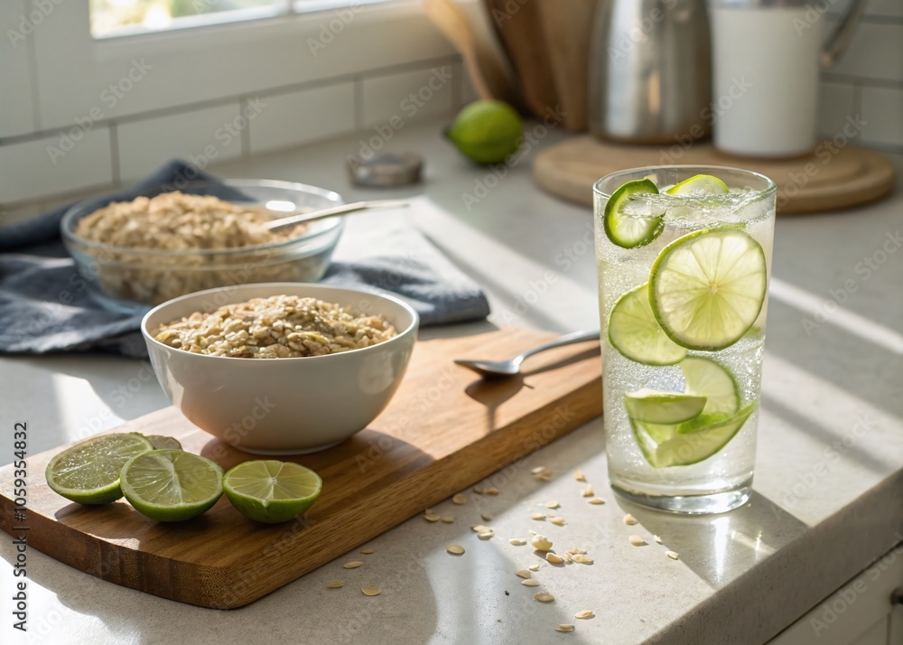 Healthy Morning Essentials: Refreshing Water with Lime and Oats on Kitchen Counter for a Wholesome Start Healthy Morning Essentials: Refreshing Water with Lime and Oats on Kitchen Counter for a Wholesome Start