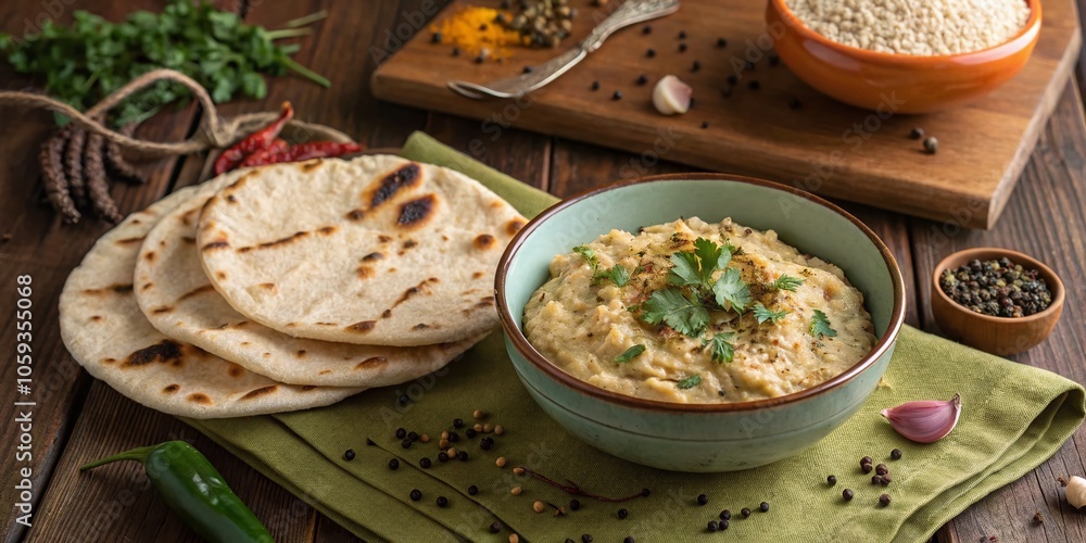 Healthy Traditional Pakistani Urad Dal Mash with Chapati on a Rustic Table Healthy Traditional Pakistani Urad Dal Mash with Chapati on a Rustic Table