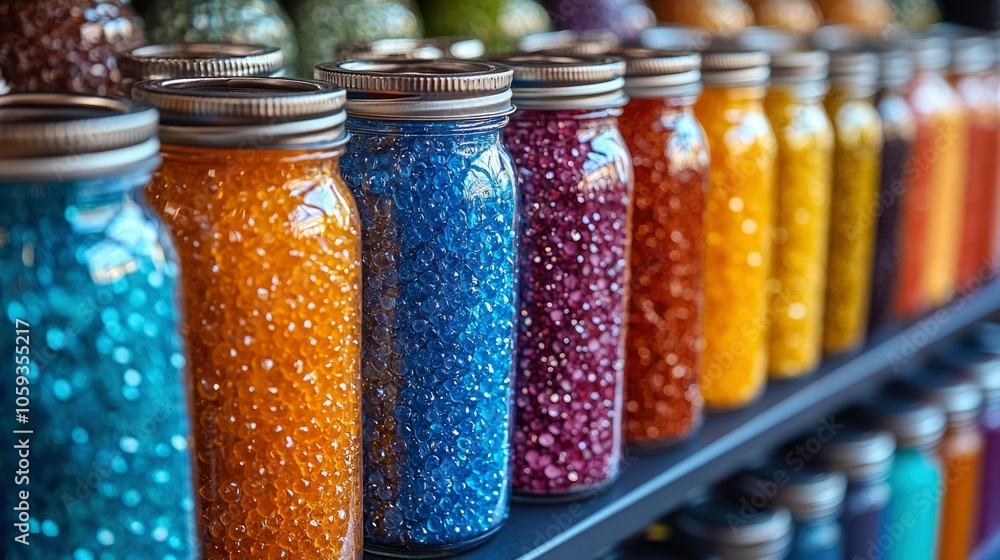 A Row of Glass Jars Filled with Colorful Beads A Row of Glass Jars Filled with Colorful Beads