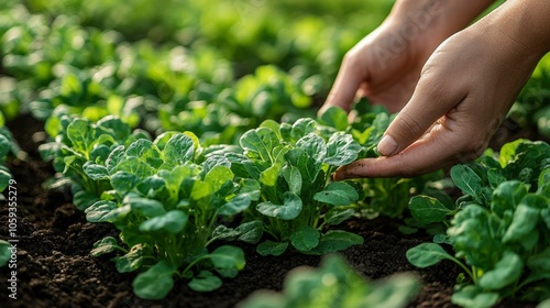 Hand Gently Touching Lush Green Lettuce Plants in Garden