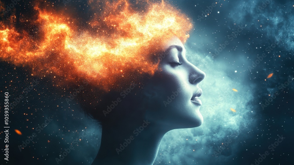 Woman’s Face with Fiery Energy Flow Woman’s Face with Fiery Energy Flow