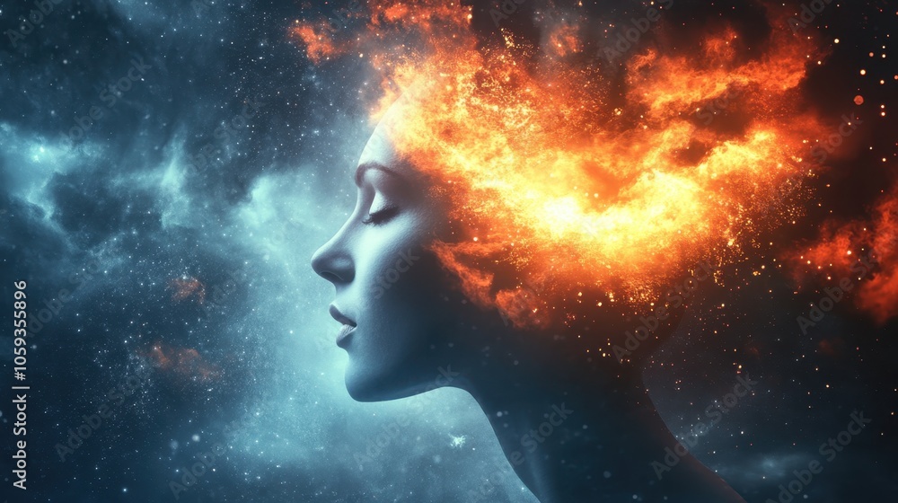 Woman’s Face with Fiery Energy Flow Woman’s Face with Fiery Energy Flow