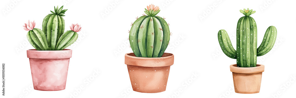 vibrant cacti in terracotta pots, showcasing unique shapes and delicate flowers, watercolor, clipart, isolated on transparent background. vibrant cacti in terracotta pots, showcasing unique shapes and delicate flowers, watercolor, clipart, isolated on transparent background.