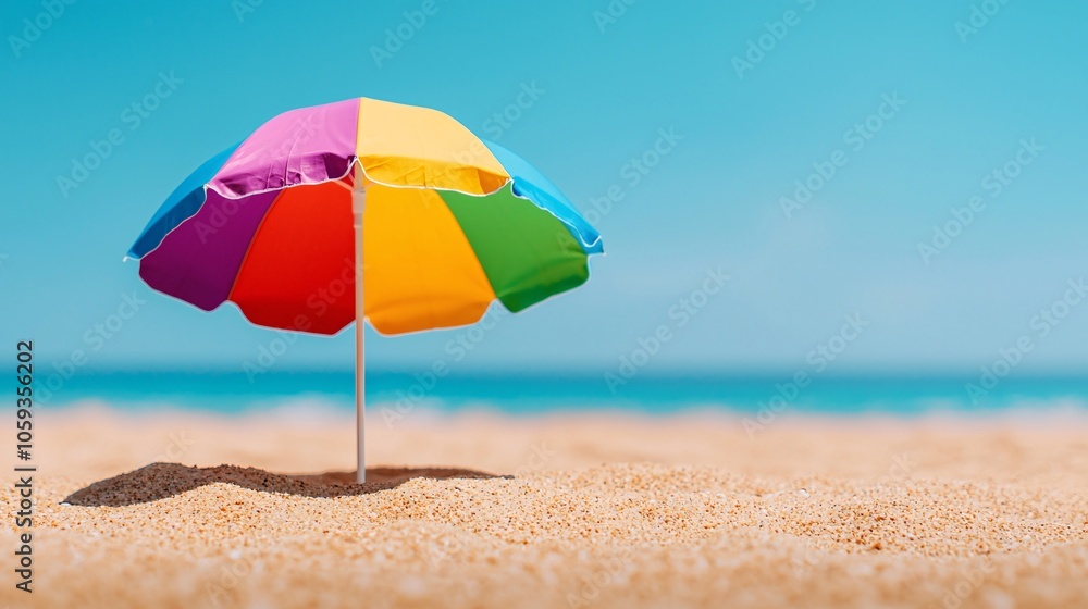 Sunny Beach Day - Close-up of Vibrant Umbrella Casting Shadow on Golden Sand Sunny Beach Day - Close-up of Vibrant Umbrella Casting Shadow on Golden Sand