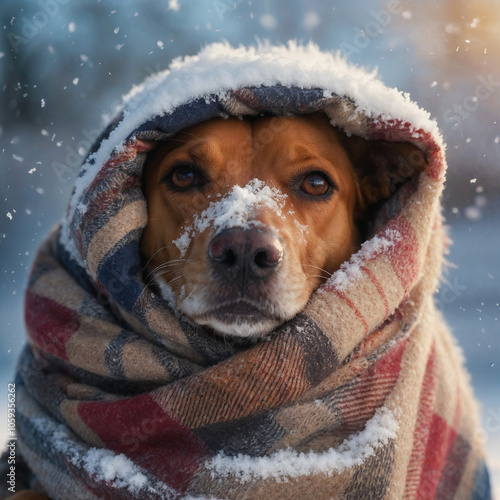 Frozen Dog  Wrapped in a Warm Blanket in Snowy Winter.