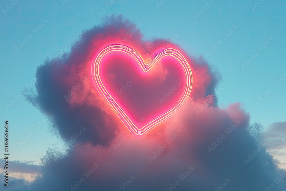 Neon heart on a cloud against a blue sky background. Romantic holiday background. 3d illustration with generative ai