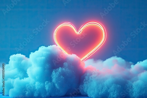 Neon heart on a cloud against a blue sky background. Romantic holiday background. 3d illustration with generative ai