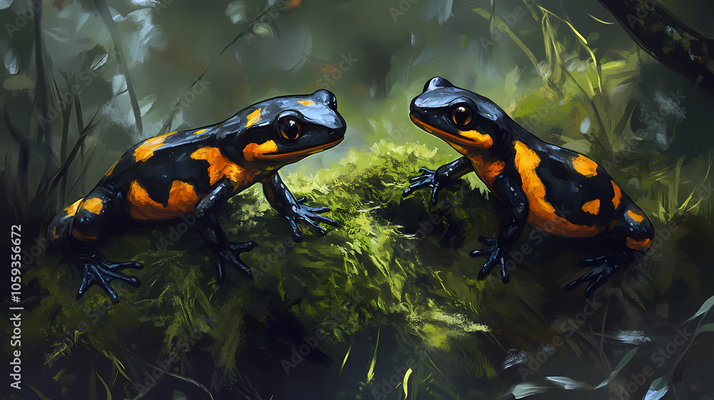 Obraz premium Two fire salamanders on mossy ground. Fire Salamander. Illustration