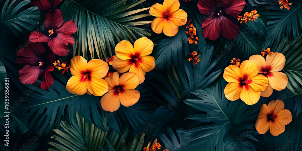 Tropical Hibiscus Flowers Against Dark Leaves Tropical Hibiscus Flowers Against Dark Leaves