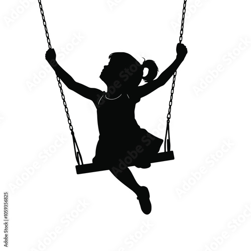a black silhouette of a young girl swinging on a swing.