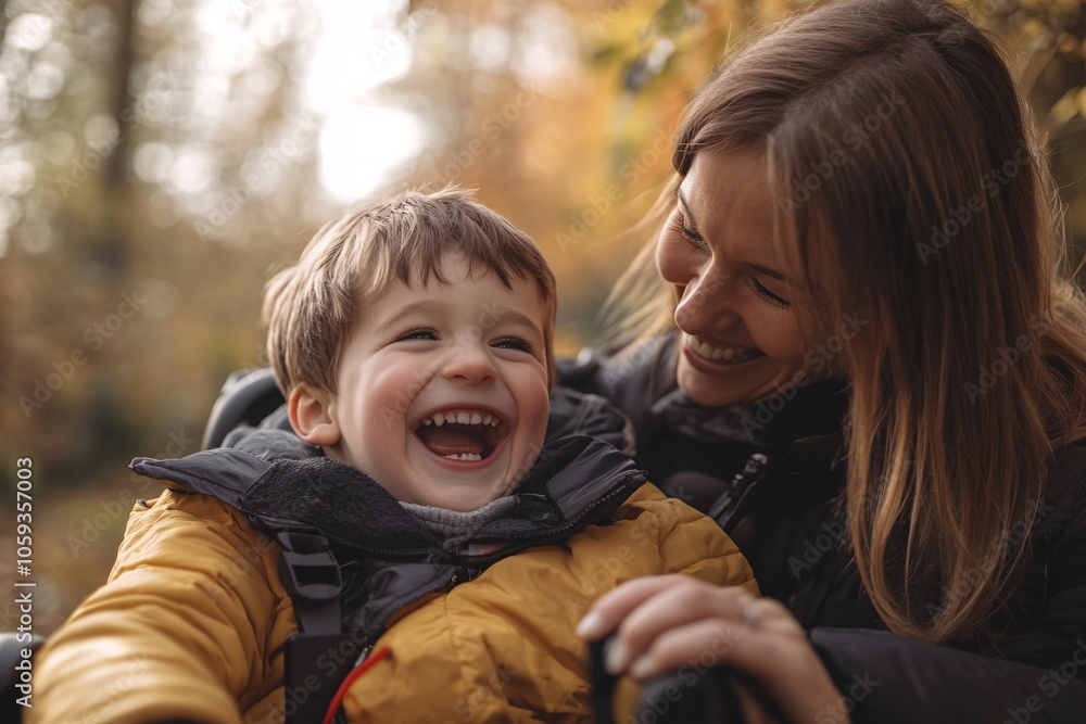 Joyful child in a wheelchair shares a smile with caregiver outdoors during a sunny day in a botanical garden Joyful child in a wheelchair shares a smile with caregiver outdoors during a sunny day in a botanical garden