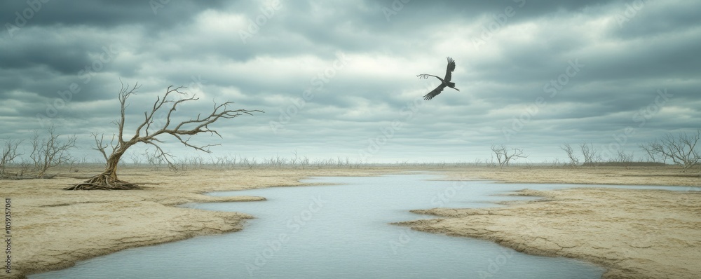 Naklejka premium Climate Change Impact Dry Landscape Dead Tree Bird