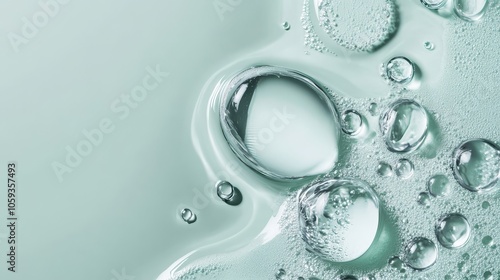 High quality image showcasing clear serum drop on a light green background.