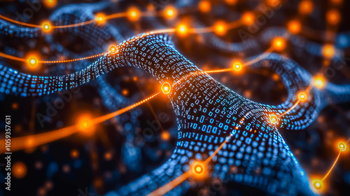 A visually captivating representation of a neural network, showcasing interconnected nodes and digital pathways illuminated with vibrant orange and blue lights, symbolizing AI, machine learning