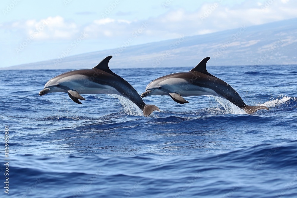 Fototapeta premium Playful Dolphins Leaping Ocean Waves Marine Wildlife Nature