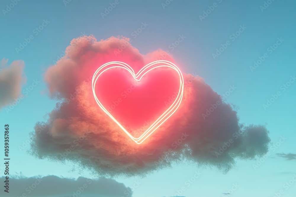 Neon heart on a cloud against a blue sky background. Romantic holiday background. 3d illustration with generative ai Neon heart on a cloud against a blue sky background. Romantic holiday background. 3d illustration with generative ai