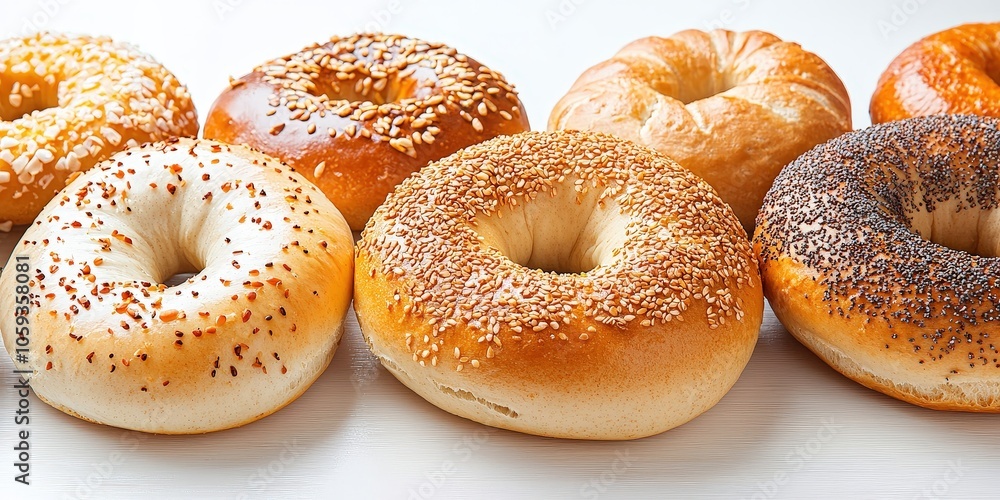 A Variety of Fresh Bagels Isolated on White Background A Variety of Fresh Bagels Isolated on White Background
