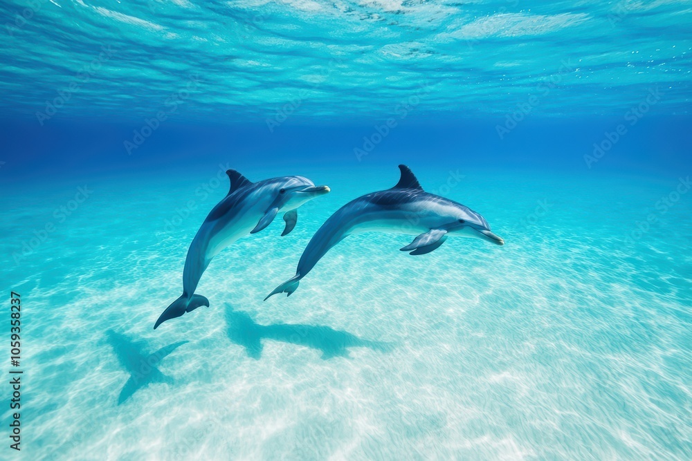 Two Dolphins Leaping Ocean Underwater Marine Life Wildlife Nature Summer Tropical Aquatic Animals Two Dolphins Leaping Ocean Underwater Marine Life Wildlife Nature Summer Tropical Aquatic Animals