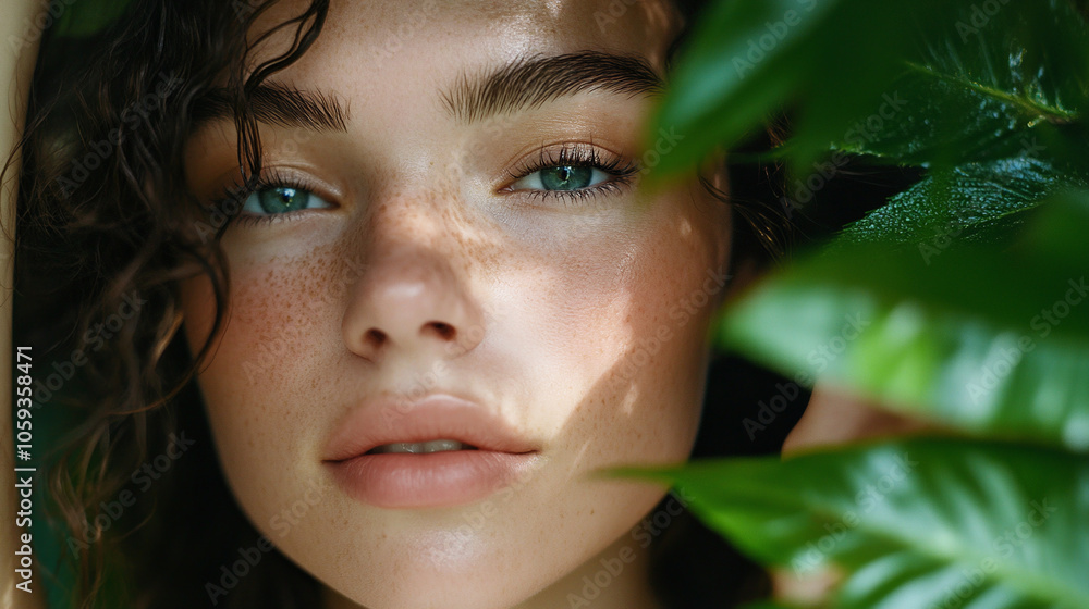 Beautiful woman face in green foliage. Beautiful woman face in green foliage.