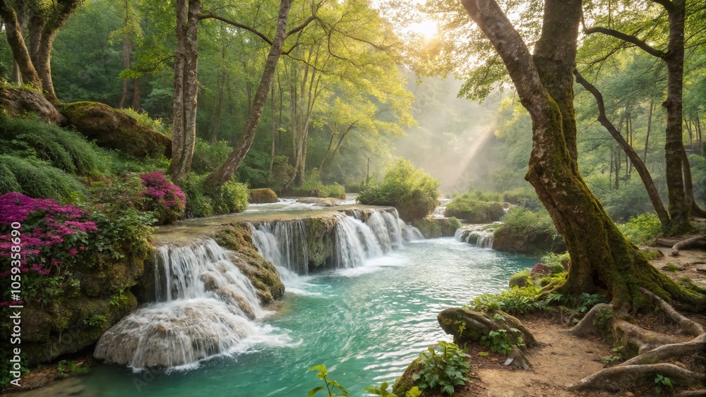 Fototapeta premium Idyllic Forest Setting with Crystal Clear Waterfall - High Dynamic Range Photography
