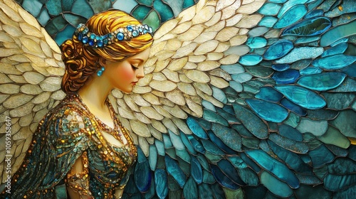 angel art, chromoluminarism glass mosaic style with shiny turquoise gemstones. Ultra-realistic, bright rich colors photo